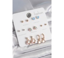 Pirinç Gold Renk Zirkon Taşlı Sallantı Halka Figür Kalp Detay 7 Çift Kadın Küpe - TJ-BKP10533