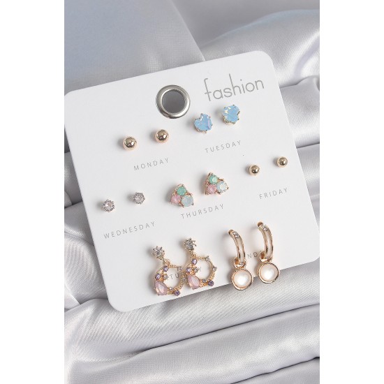 Pirinç Gold Renk Zirkon Taşlı Sallantı Halka Figür Kalp Detay 7 Çift Kadın Küpe - TJ-BKP10533