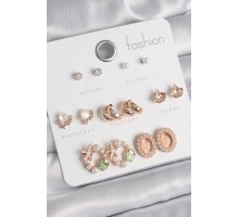 Pirinç Gold Renk Zirkon Taşlı Halka Deniz Yıldızı Figür İnci Detay 7 Çift Kadın Küpe Seti - TJ-BKP10535