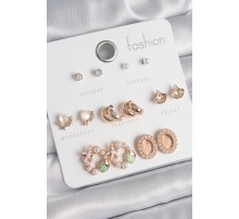 Pirinç Gold Renk Zirkon Taşlı Halka Deniz Yıldızı Figür İnci Detay 7 Çift Kadın Küpe Seti - TJ-BKP10535