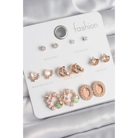 Pirinç Gold Renk Zirkon Taşlı Halka Deniz Yıldızı Figür İnci Detay 7 Çift Kadın Küpe Seti - TJ-BKP10535