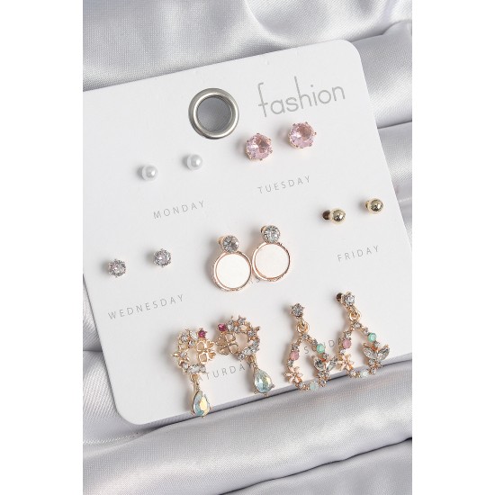 Pirinç Gold Renk Zirkon Taşlı Sallantı Damla Figür Beyaz Mine Detay 7 Çift Kadın Küpe Seti - TJ-BKP10536