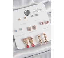 Pirinç Gold Renk Zirkon Taşlı Çiçek Figür İncili Halka Figür 7 Çift Kadın Küpe Seti - TJ-BKP10537