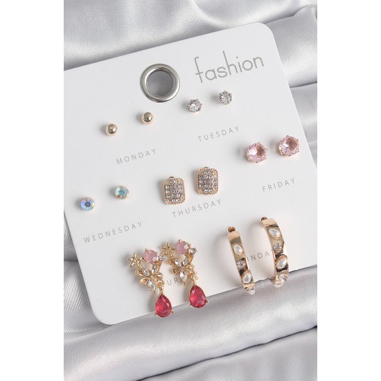 Pirinç Gold Renk Zirkon Taşlı Çiçek Figür İncili Halka Figür 7 Çift Kadın Küpe Seti - TJ-BKP10537