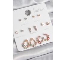 Pirinç Gold Renk Zirkon Taşlı Damla Model Yıldız Detaylı 7 Çift Kadın Küpe Seti - TJ-BKP10538