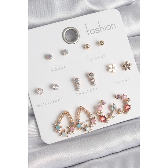 Pirinç Gold Renk Zirkon Taşlı Damla Model Yıldız Detaylı 7 Çift Kadın Küpe Seti - TJ-BKP10538