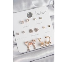 Pirinç Gold Renk Zirkon Taşlı Sallantılı Kalp Figür Kelebek Detay 7 Çift Kadın Küpe Seti - TJ-BKP10539