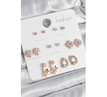 Pirinç Gold Renk Zirkon Taşlı Çiçek Figür 7 Çift Kadın Küpe Seti - TJ-BKP10540