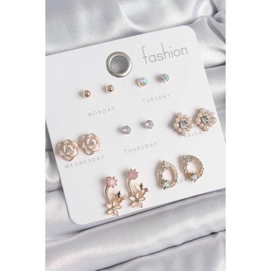 Pirinç Gold Renk Zirkon Taşlı Çiçek Figür 7 Çift Kadın Küpe Seti - TJ-BKP10540