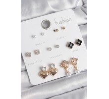 Pirinç Gold Renk Zirkon Taşlı Kalp Figür Siyah Yonca Detay 7 Çift Kadın Küpe Seti - TJ-BKP10541