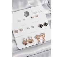 Pirinç Gold Renk Zirkon Taşlı Kalp Figür Siyah Yonca Detay 7 Çift Kadın Küpe Seti - TJ-BKP10541