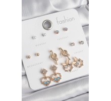 Pirinç Gold Renk Zirkon Taşlı Sallantı Kalp Figür Düğüm Detay 7 Çift Kadın Küpe Seti - TJ-BKP10542