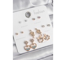 Pirinç Gold Renk Zirkon Taşlı Sallantı Kalp Figür Düğüm Detay 7 Çift Kadın Küpe Seti - TJ-BKP10542