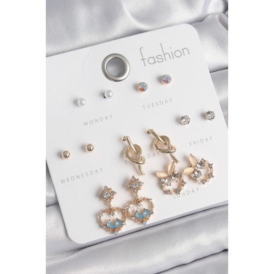 Pirinç Gold Renk Zirkon Taşlı Sallantı Kalp Figür Düğüm Detay 7 Çift Kadın Küpe Seti - TJ-BKP10542