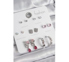 Pirinç Gümüş Renk Zirkon Taşlı Çiçek Figür İncili Halka Detay 7 Çift Kadın Küpe Seti - TJ-BKP10543