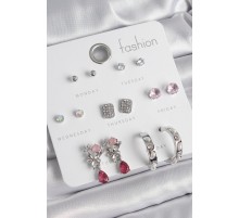 Pirinç Gümüş Renk Zirkon Taşlı Çiçek Figür İncili Halka Detay 7 Çift Kadın Küpe Seti - TJ-BKP10543