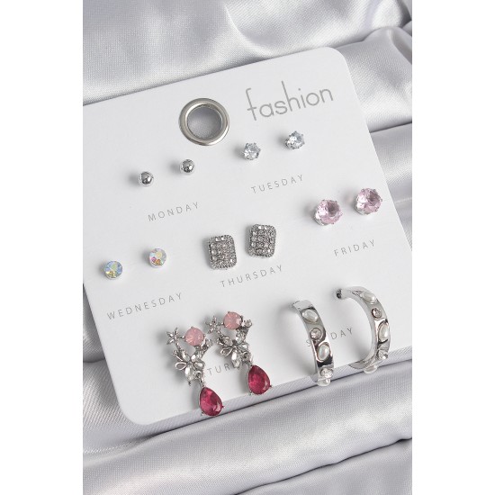 Pirinç Gümüş Renk Zirkon Taşlı Çiçek Figür İncili Halka Detay 7 Çift Kadın Küpe Seti - TJ-BKP10543