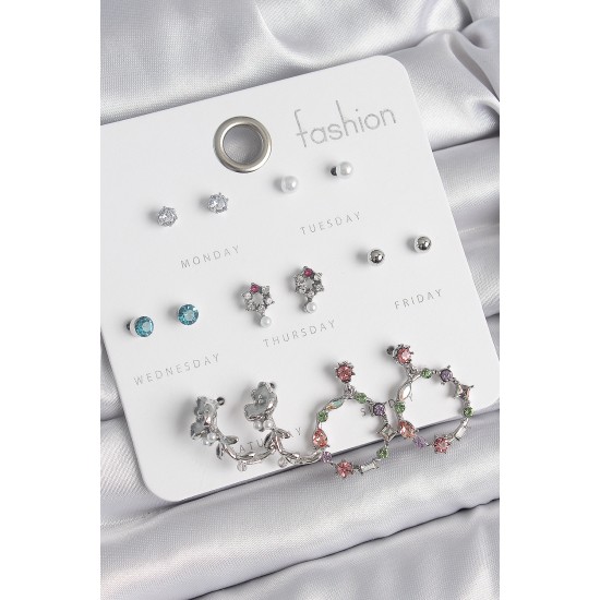 Pirinç Gümüş Renk Zirkon Taşlı Gül Figür Halka Model 7 Çift Kadın Küpe Seti - TJ-BKP10544