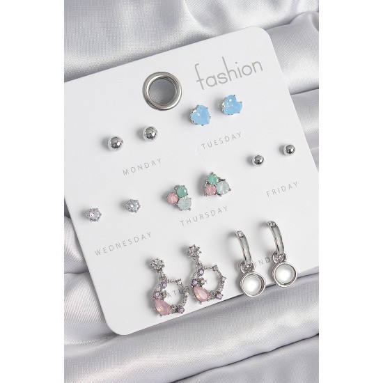 Pirinç Gümüş Renk Zirkon Taşlı Sallantı Halka Model Çiçek Detay 7 Çift Kadın Küpe Seti - TJ-BKP10545