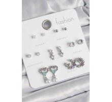 Pirinç Gümüş Renk Zirkon Taşlı Sallantılı Kalp Model Çiçek Detay 7 Çift Kadın Küpe Seti - TJ-BKP10546