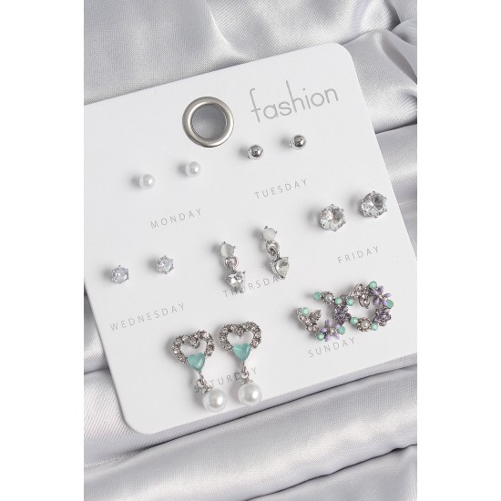 Pirinç Gümüş Renk Zirkon Taşlı Sallantılı Kalp Model Çiçek Detay 7 Çift Kadın Küpe Seti - TJ-BKP10546