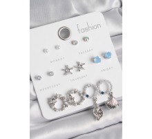 Pirinç Gümüş Renk İncli Zirkon Taşlı Halka Figür Yıldız Detay 7 Çift Kadın Küpe Seti - TJ-BKP10547