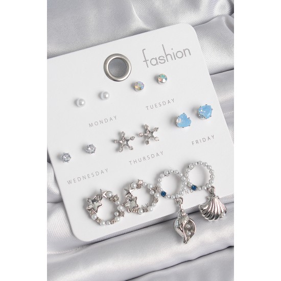 Pirinç Gümüş Renk İncli Zirkon Taşlı Halka Figür Yıldız Detay 7 Çift Kadın Küpe Seti - TJ-BKP10547