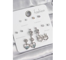 Pirinç Gümüş Renk Sallantı Zirkon Taşlı Kalp Model Düğüm Detay 7 Çift Kadın Küpe Seti - TJ-BKP10548