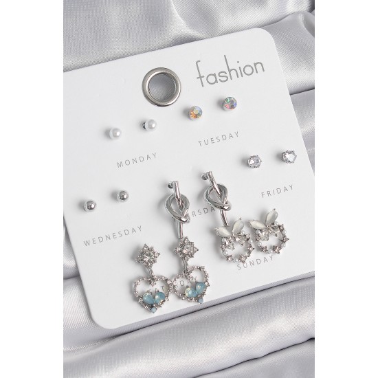 Pirinç Gümüş Renk Sallantı Zirkon Taşlı Kalp Model Düğüm Detay 7 Çift Kadın Küpe Seti - TJ-BKP10548