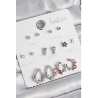 Pirinç Gümüş Renk Zirkon Taşlı Damla Model Çiçek Detay 7 Çift Kadın Küpe Seti TJ-BKP10549