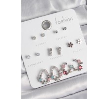 Pirinç Gümüş Renk Zirkon Taşlı Damla Model Çiçek Detay 7 Çift Kadın Küpe Seti - TJ-BKP10549