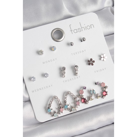 Pirinç Gümüş Renk Zirkon Taşlı Damla Model Çiçek Detay 7 Çift Kadın Küpe Seti - TJ-BKP10549