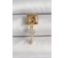 316L Çelik Gold Renk Sallantı Zirkon Taşlı Anahtar Model Nomination Charm - TJ-BC1338