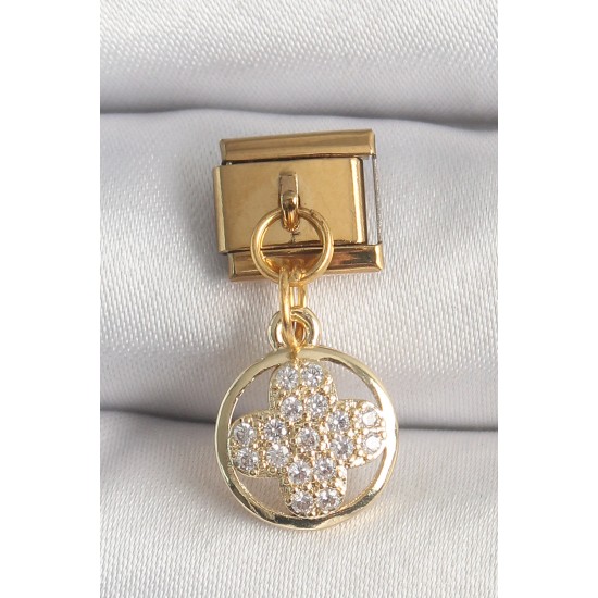 316L Çelik Gold Renk Sallantı Zirkon Taşlı Yonca Model Nomination Charm - TJ-BC1340