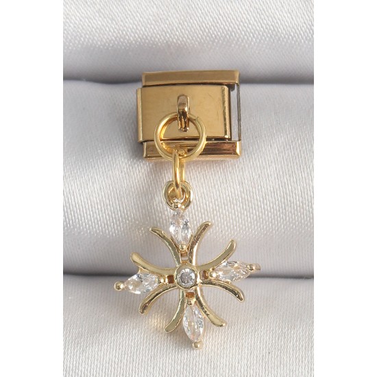 316L Çelik Gold Renk Sallantı Zirkon Taşlı Kar Tanesi Model Nomination Charm - TJ-BC1341