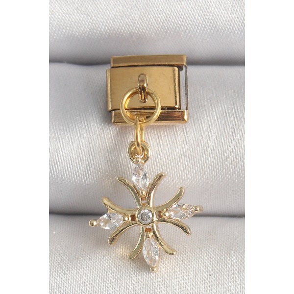 316L Çelik Gold Renk Sallantı Zirkon Taşlı Kar Tanesi Model Nomination Charm - TJ-BC1341