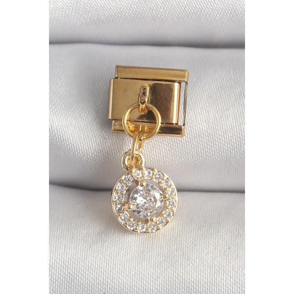 316L Çelik Gold Renk Sallantı Daire Zirkon Taşlı Nomination Charm - TJ-BC1342