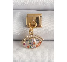 316L Çelik Gold Renk Sallantı Renkli Zirkon Taşlı Göz Model Nomination Charm - TJ-BC1343