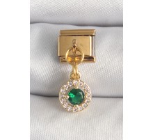 316L Çelik Gold Renk Sallantı Yeşil Zirkon Taşlı Nomination Charm - TJ-BC1344