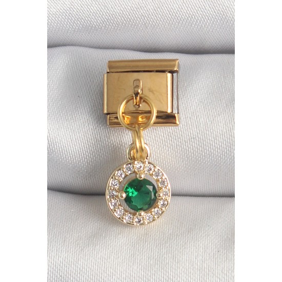 316L Çelik Gold Renk Sallantı Yeşil Zirkon Taşlı Nomination Charm - TJ-BC1344