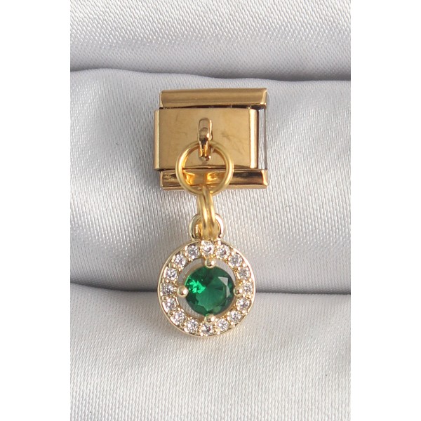 316L Çelik Gold Renk Sallantı Yeşil Zirkon Taşlı Nomination Charm - TJ-BC1344