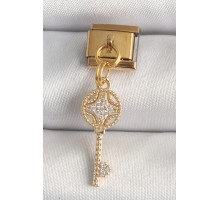 316L Çelik Gold Renk Sallantı Zirkon Taşlı Anahtar Model Nomination Charm - TJ-BC1347