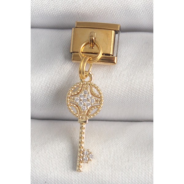 316L Çelik Gold Renk Sallantı Zirkon Taşlı Anahtar Model Nomination Charm - TJ-BC1347