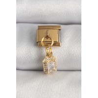 316L Çelik Gold Renk Sallantı Zirkon Taşlı Kare Model Nomination Charm TJ-BC1348