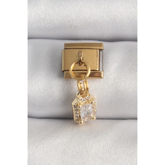 316L Çelik Gold Renk Sallantı Zirkon Taşlı Kare Model Nomination Charm - TJ-BC1348