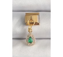 316L Çelik Gold Renk Sallantı Damla Yeşil Zirkon Taşlı Nomination Charm - TJ-BC1349