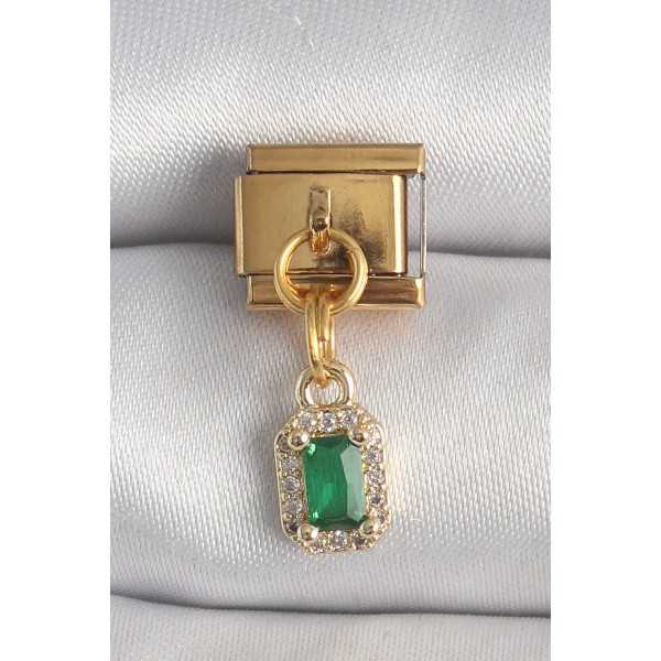 316L Çelik Gold Renk Sallantı Kare Yeşil Zirkon Taşlı Nomination Charm - TJ-BC1352