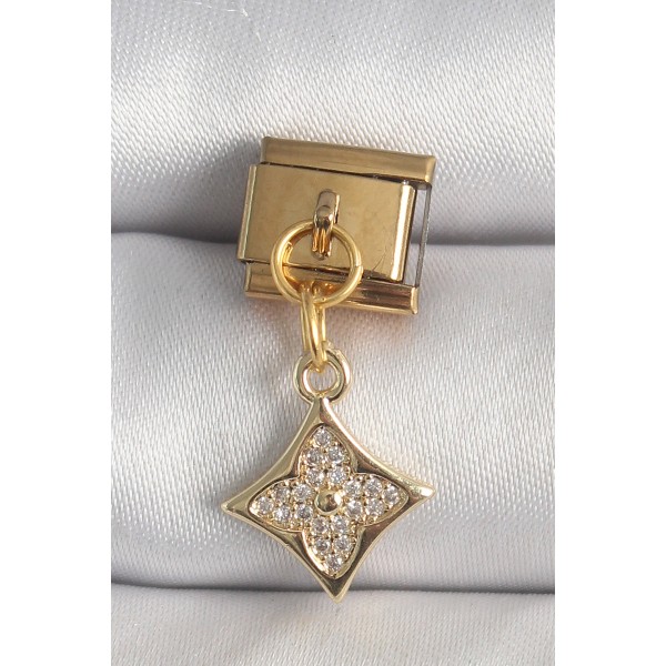 316L Çelik Gold Renk Sallantı Zirkon Taşlı Çiçek İşlemeli Nomination Charm - TJ-BC1355