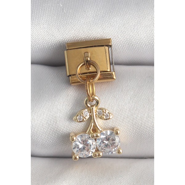 316L Çelik Gold Renk Sallantı Zirkon Taşlı Kiraz Model Nomination Charm - TJ-BC1356