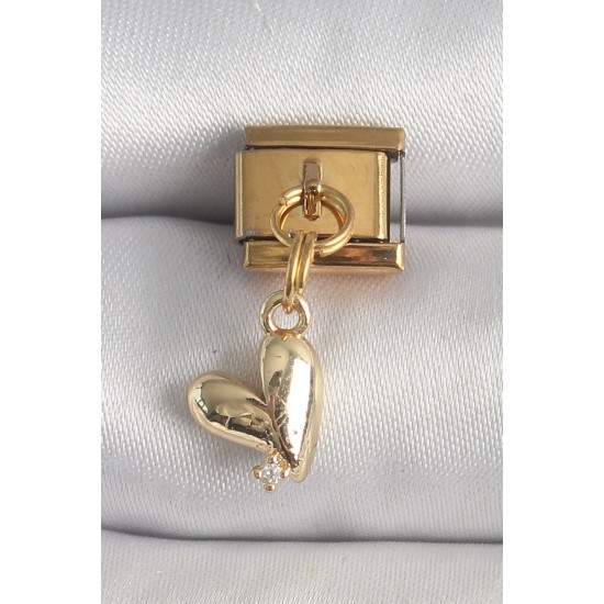 316L Çelik Gold Renk Sallantı Kalp Model Zirkon Taş Detay Nomination Charm - TJ-BC1358